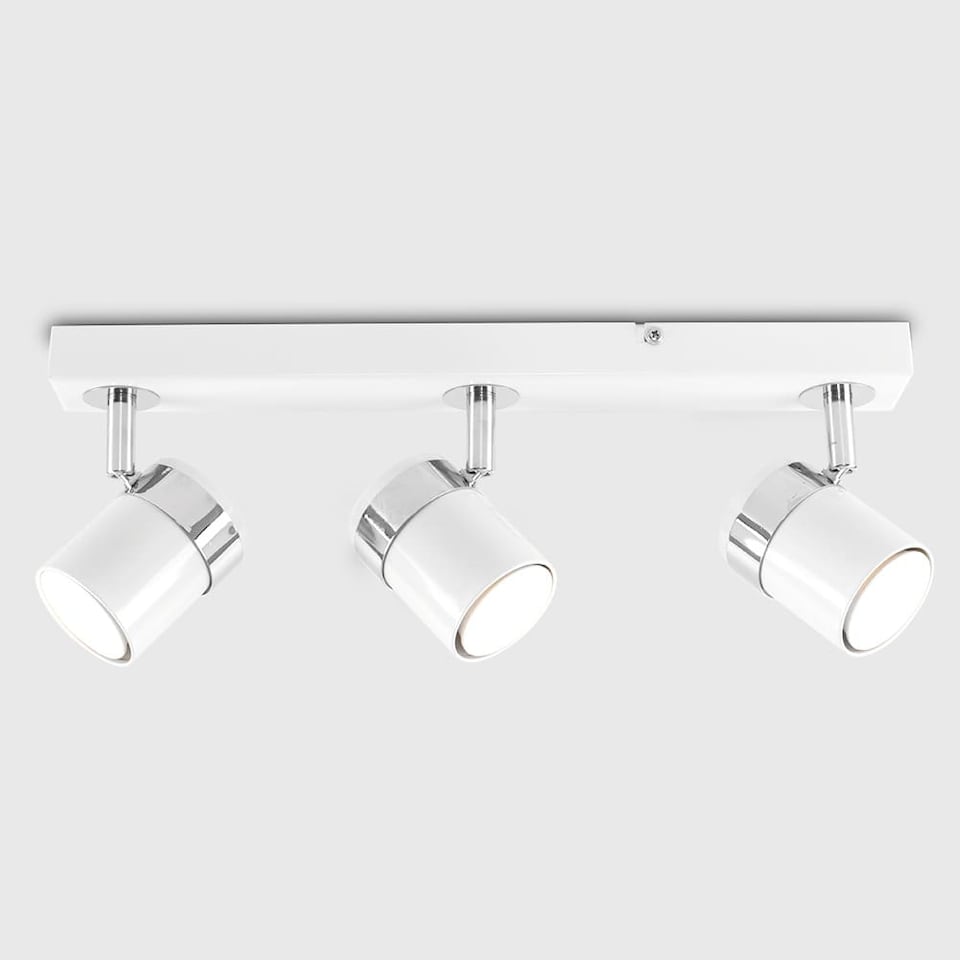 image 1 of ValueLights 3 Way Gloss White and Polished Chrome Straight Bar Ceiling Spotlight - with 3 x 5W Cool White GU10 LED Bulbs | White