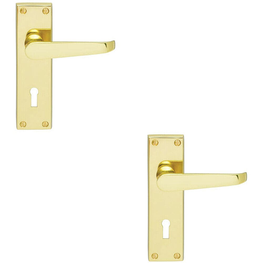 Loops 2x PAIR Victorian Flat Lever on Lock Backplate Handle 150 x 42mm Polished Brass in Metallics