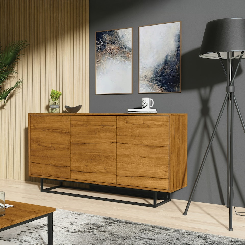 image 1 of Sideboard 160cm Oak Matt Body & Doors – 3 Door Cabinet with Black Metal Legs Bronze