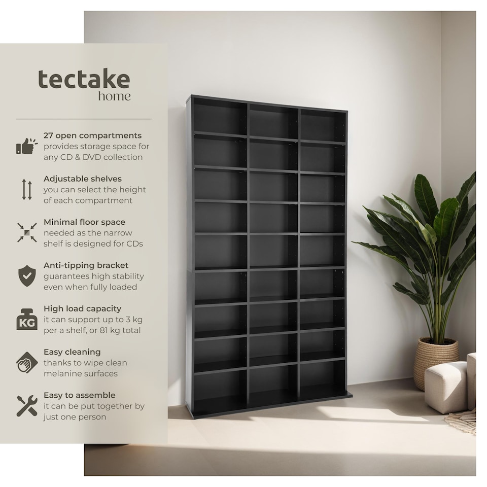 image 1 of CD Shelf Unit Christel - 27 compartments for up to 1080 CDs | Black | black | 102 x 23,50 x 180 cm | 1