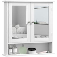 kleankin Wall Mounted Mirror Cabinet W/ Double Mirror Doors & Shelf | White | 56L x 13W x 58H cm