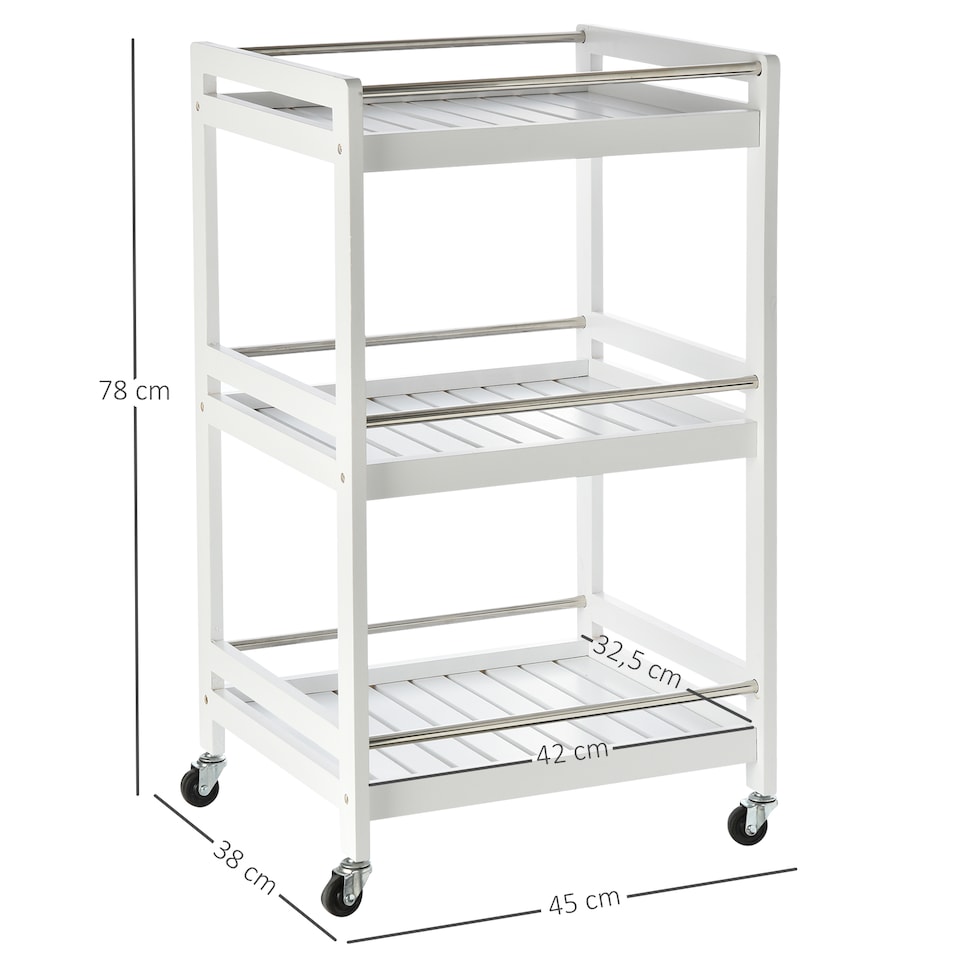 image 1 of HOMCOM 3-Tier Home Trolley Kitchen Storage Cart w Steel Bars 4 Universal Wheels Rolling Unit Organiser Living Room White