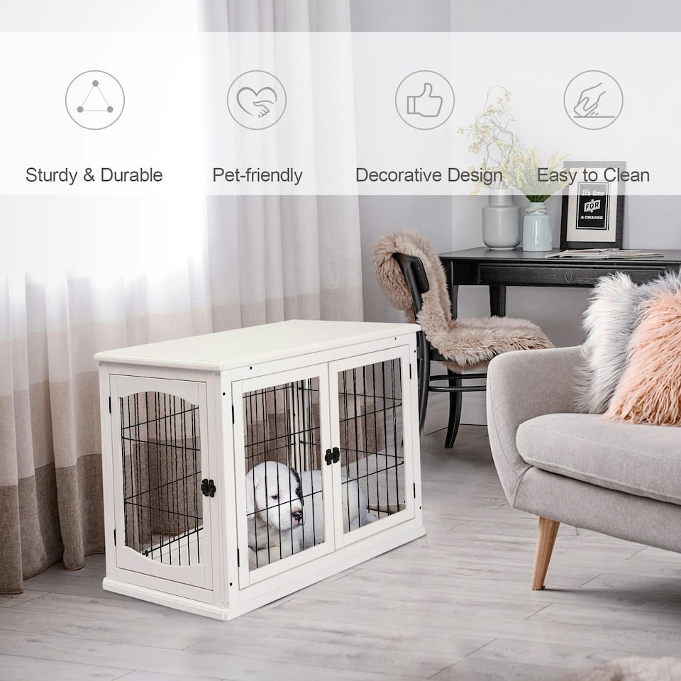 image 1 of PawHut Dog Crate Puppy Cage End Table Design for Medium Dog White
