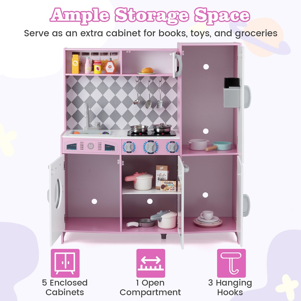image 1 of COSTWAY Pretend Play Kitchen Kids Wooden Toy Set Kitchen Accessory Playset Pink