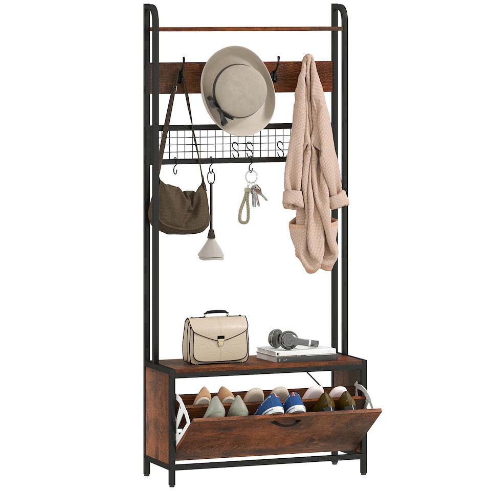 image 1 of HOMCOM Industrial Hall Tree Coat Rack Stand with Shoe Cabinet Rustic Brown | Brown | Black | 1