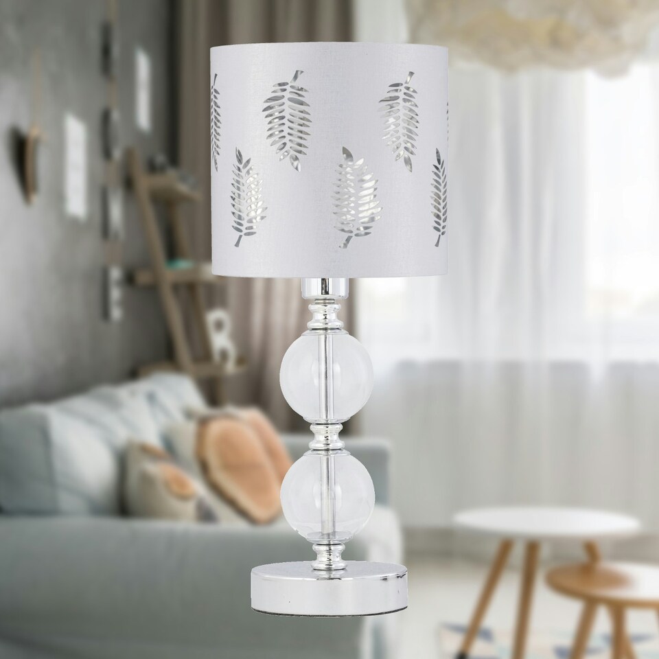 image 1 of Set of 2 Chrome Two Ball Table Lamps with White Fern Shades Chrome | White