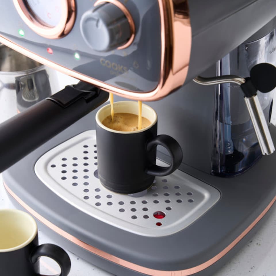 image 1 of Cooks Professional 15-Bar Retro Espresso Coffee Machine 1.2L with Frothing Steam Wand | Grey | Grey & Copper