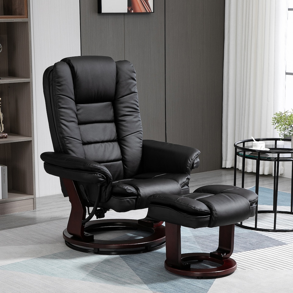 image 1 of HOMCOM Recliner Chair With footstool, Recliner Armchair up to 130kg Weight Capacity, 135 Reclining Swivel Sofa Chair, PU Leather Ergonomic Couch Bed with Swivel Wood Base for Living Room, Black