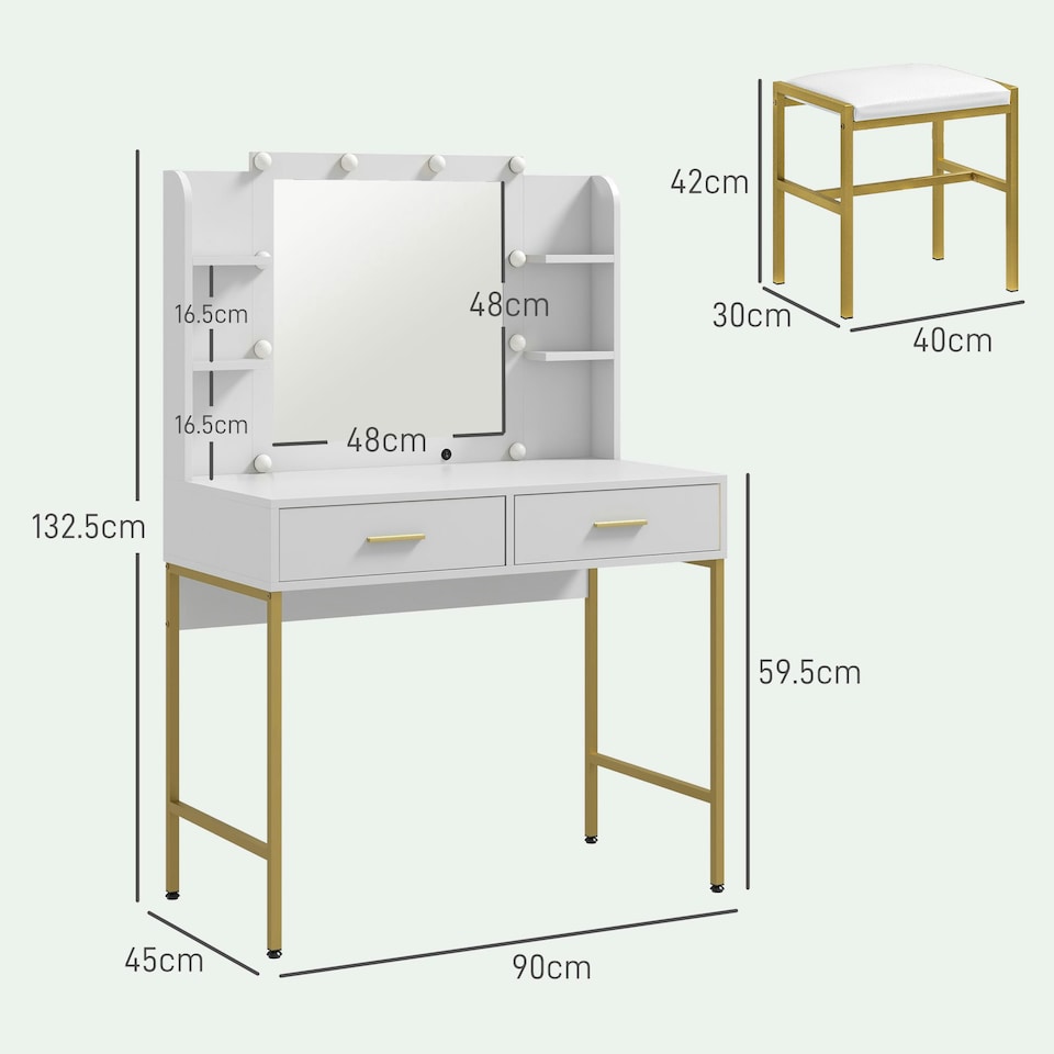 image 1 of HOMCOM Makeup Vanity Desk Set with Lighted Mirror, Stool, White