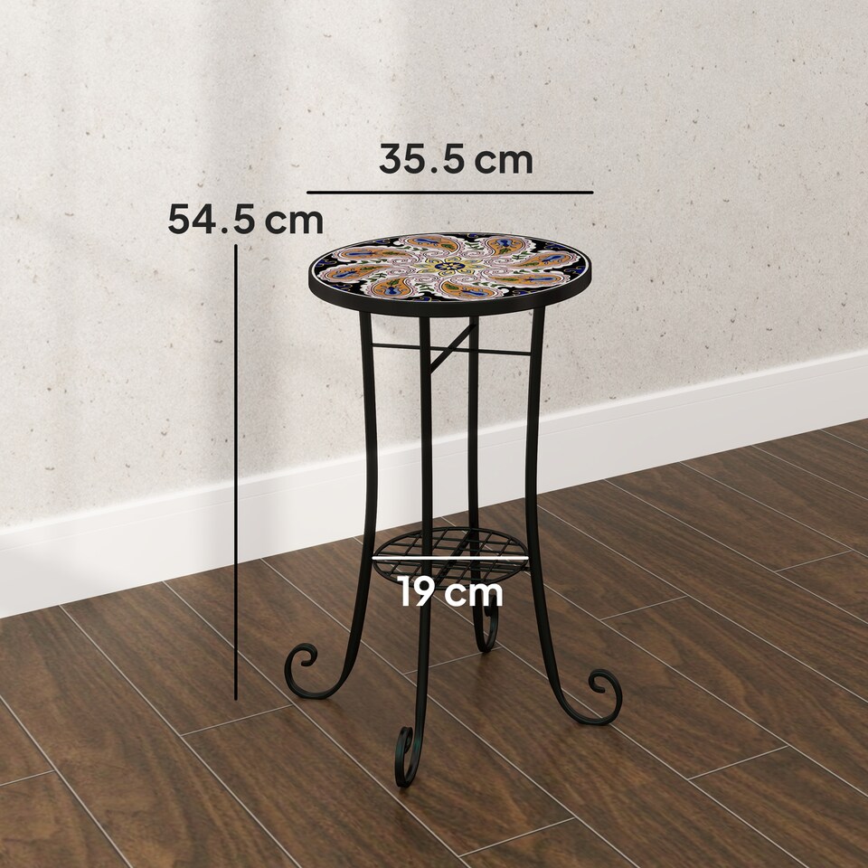 image 1 of Outsunny Mosaic Garden Table, 35.5 cm Round Outdoor Table with Shelf, Ceramic Tile Top, Small Garden Side Table Bistro Table End Table Plant Stand for Indoor, Patio, Balcony, Orange | Orange | Orange