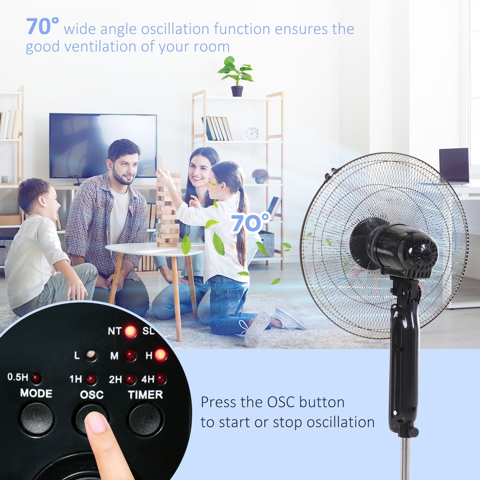 image 1 of HOMCOM 18 Pedestal Fan with Sleep Mode, Oscillating Standing Fan with 3 Modes, Remote Control, Floor Fan with Adjustable Height, 3 Speed, 7.5-Hour Timer, Black
