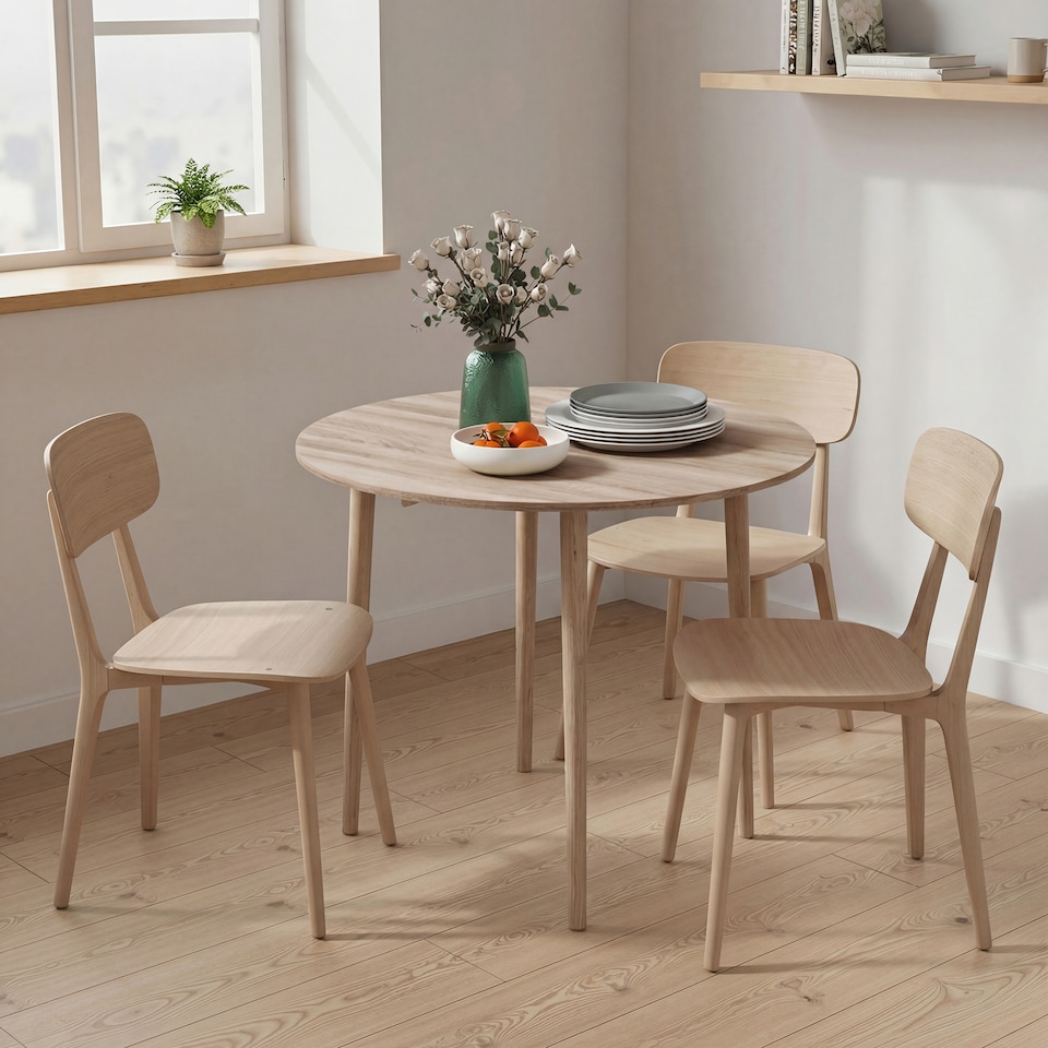 image 1 of HOMCOM Foldable Dining Table, Round Drop Leaf Table, Wood Legs, Natural