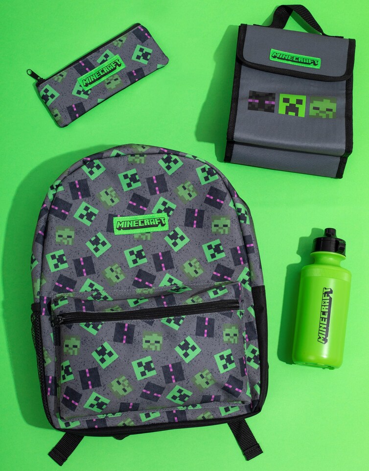image 1 of Minecraft Boys Backpack | Kids Creeper Zombie Enderman Villains Merchandise Rucksack Water Bottle | Back to School | Grey | Grey