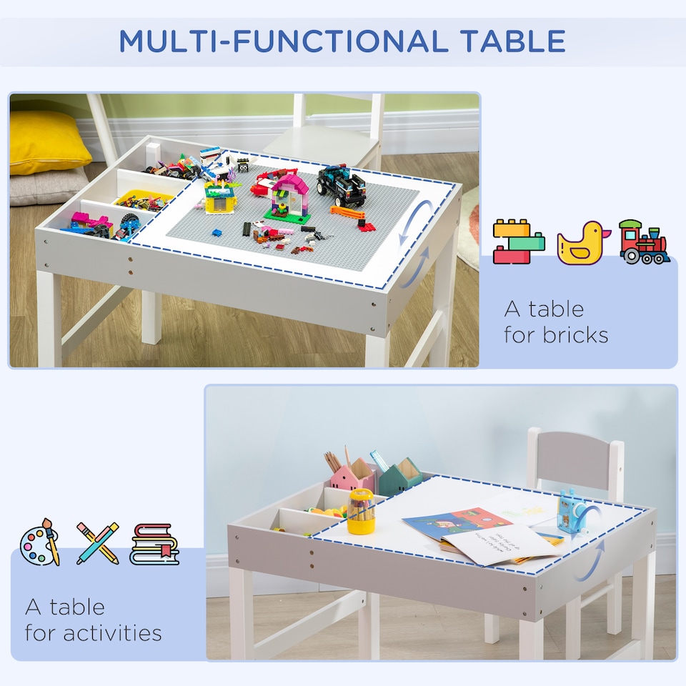 image 1 of HOMCOM kids Table and Chair Set 2 in 1 Activity Play Table for Bricks w Storage | Grey