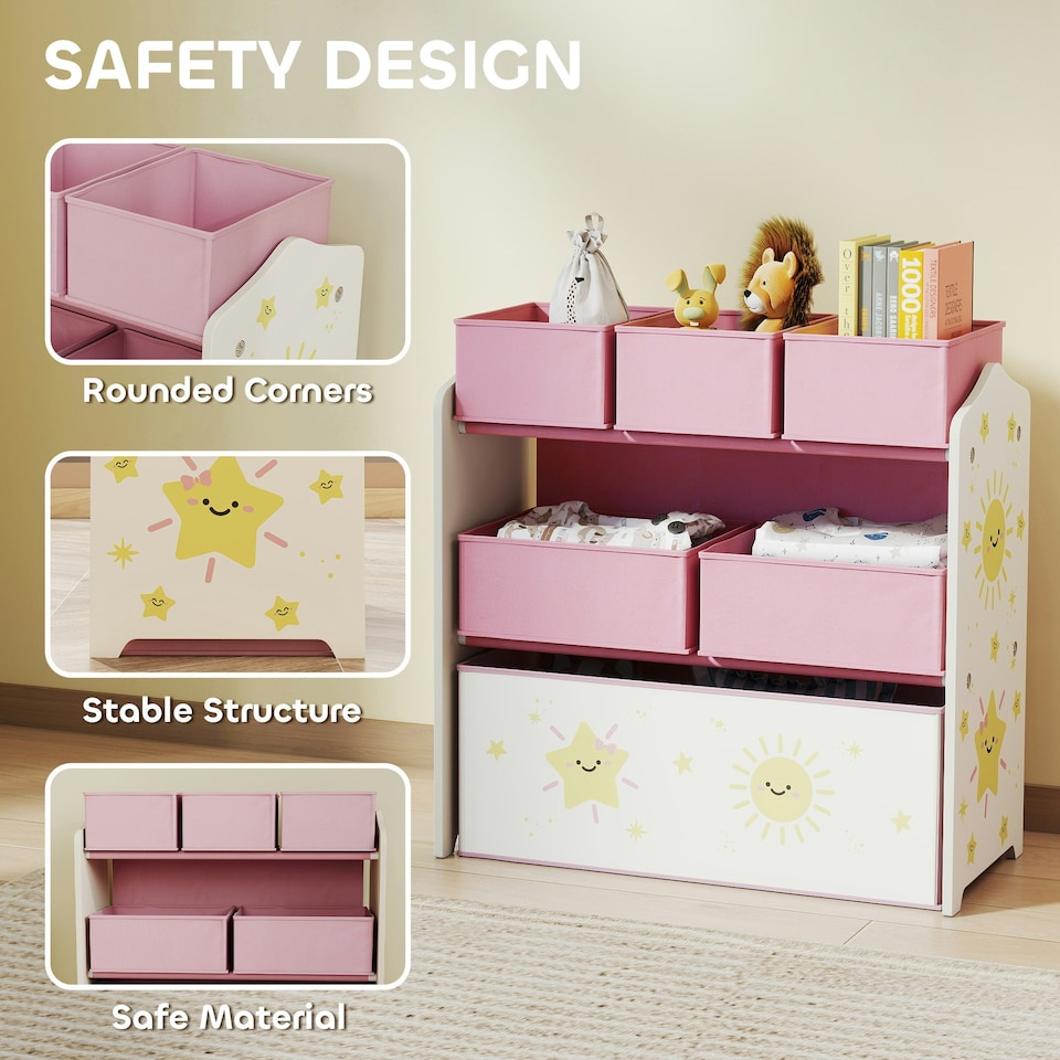 image 1 of AIYAPLAY 3-Tier Kids Storage Shelf with 6 Removable Fabric Boxes | Pink | White | 63L x 30W x 66H cm | 1