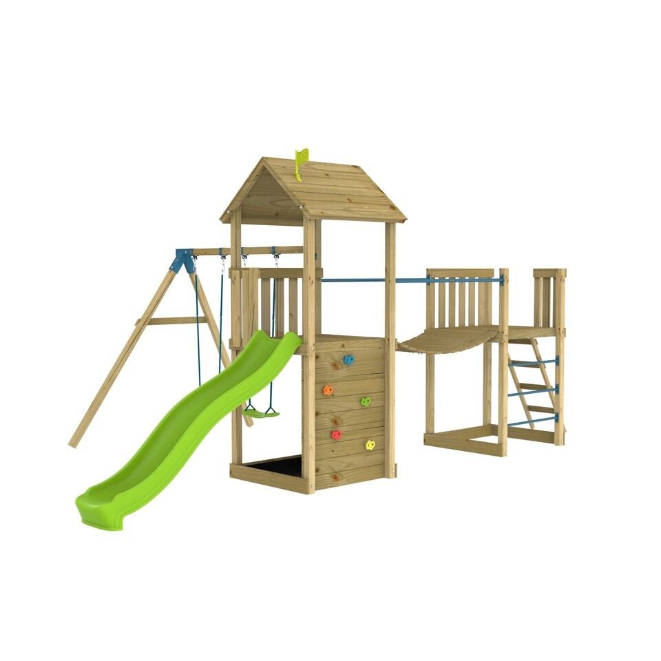 image 1 of TP Skywood Wooden Tower Climbing Frame with Ripple Slide, Sky Bridge, Mini Tower & Double Swing Arm - FSC® certified