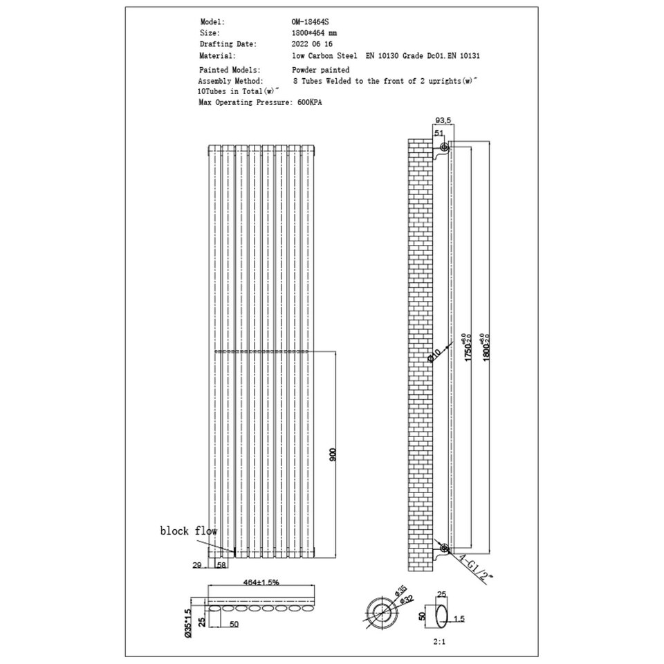 image 1 of Omeara Axis Horizontal Single Panel Bathroom Radiator - Black (H) 464mm x (W) 1800mm