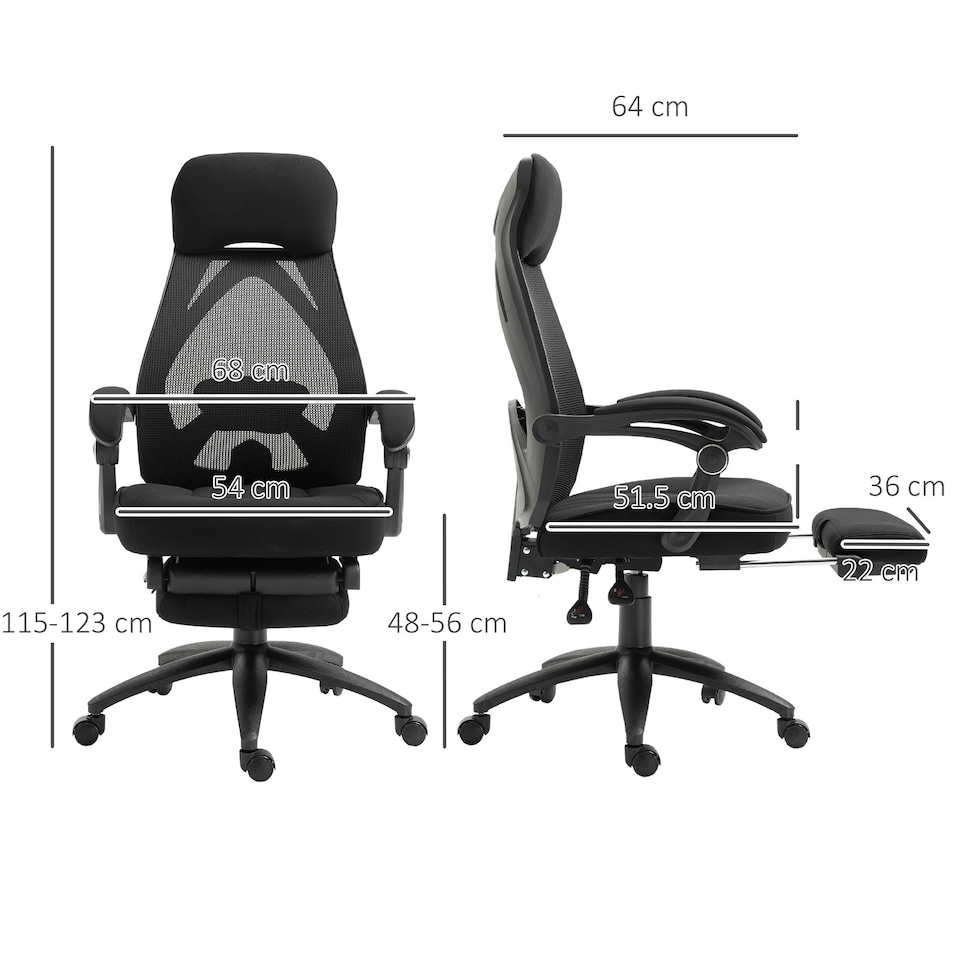 image 1 of Vinsetto Mesh Swivel Task Chair for Home Office Desk Recliner w/ Footrest Black