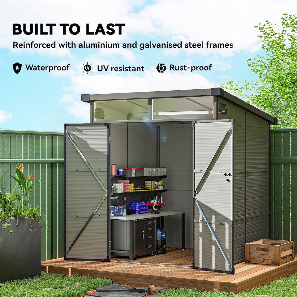 image 1 of Outsunny 6 x 6ft Outdoor Storage Shed, Plastic Garden Shed with Windows and Air Vents, Outdoor Resin Tool Shed with Latch Doors for Garden, Deck, Light Grey | Grey | 1