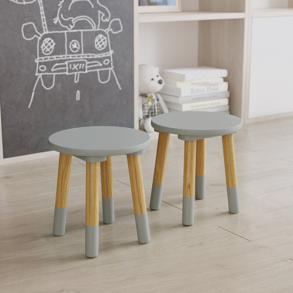 image 1 of Kids Wooden Stool Seat Round Chair Toddlers Kids Small Children Home Nursery | Multi | 2 Grey