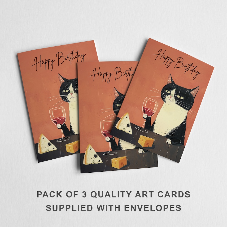 image 1 of Tuxedo Wino Cat Birthday Card Cheese Lover Set of 3 Greeting Cards Blank Inside