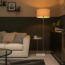 ValueLights Large Brushed Chrome Curved Stem Marble Floor Lamp Coffee Table Light - Grey Shade + LED Bulb