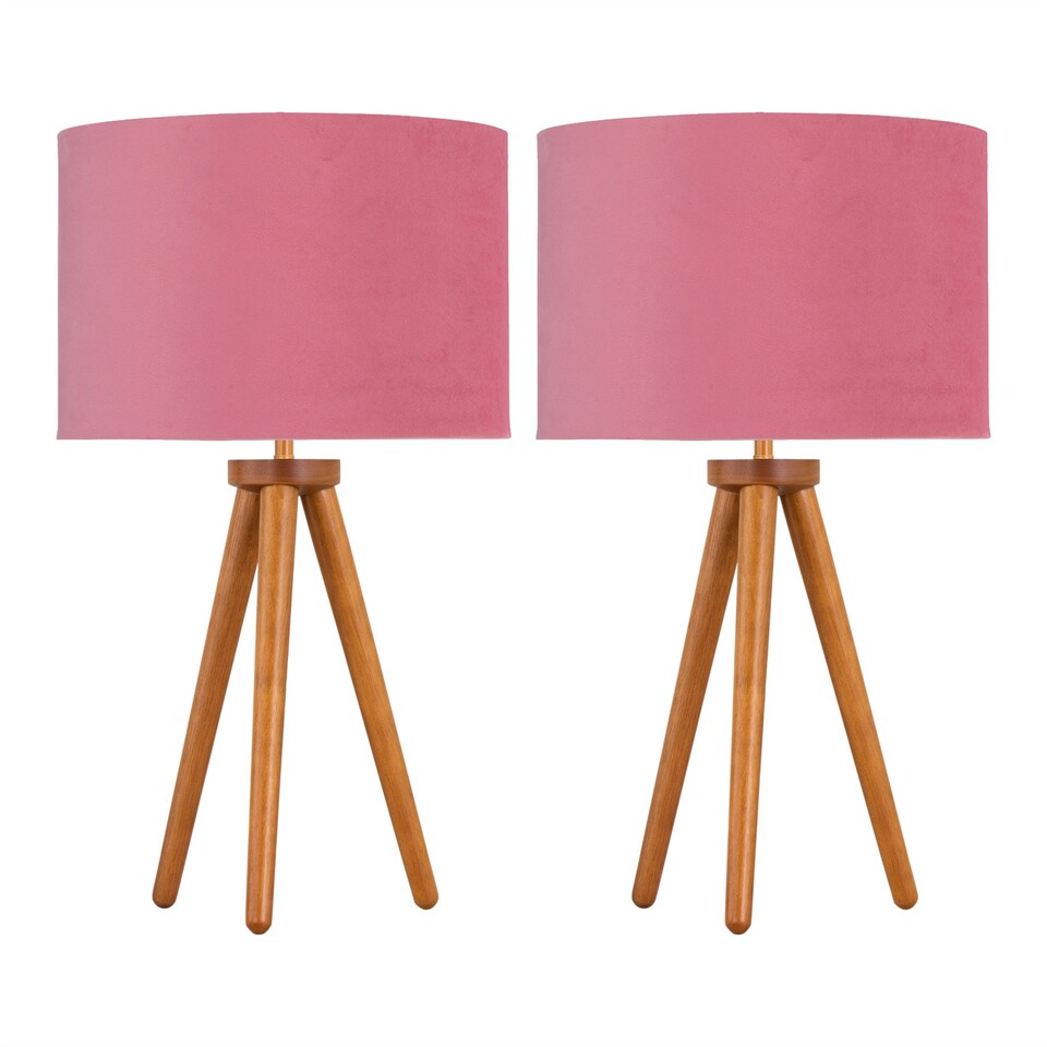 image 1 of Set of 2 Dark Oak Table Lamp or Bedside Lights with Flamingo Shades | Brown | Pink | Large | 2