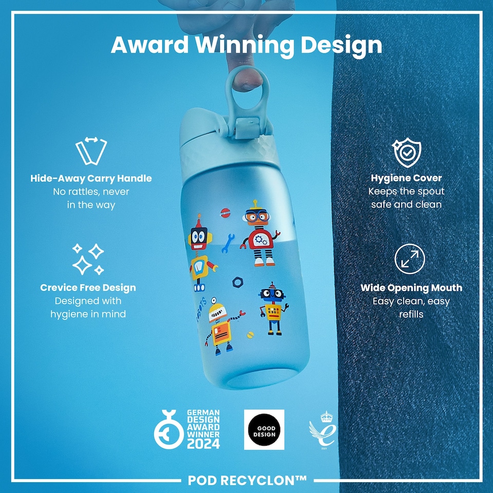 image 1 of Leak Proof Kids Water Bottle, BPA Free, 350ml (12oz) | Blue | Robots | One Size