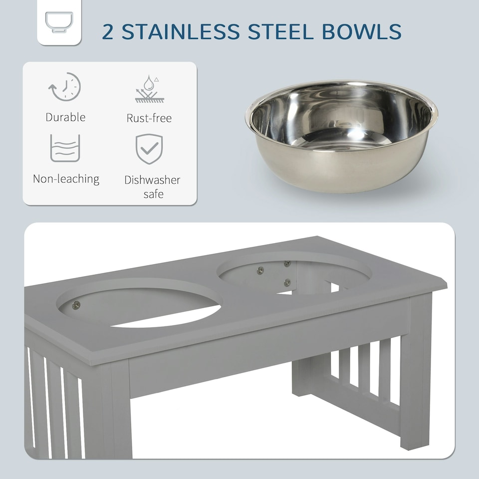 image 1 of PawHut Raised Dog Bowls Pet Feeder Raised Elevated Stainless Steel Food Grey
