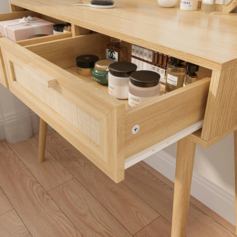 image 1 of Dressing Table With Circular Mirror 2 Rattan Front Drawers Bedroom Vanity Table