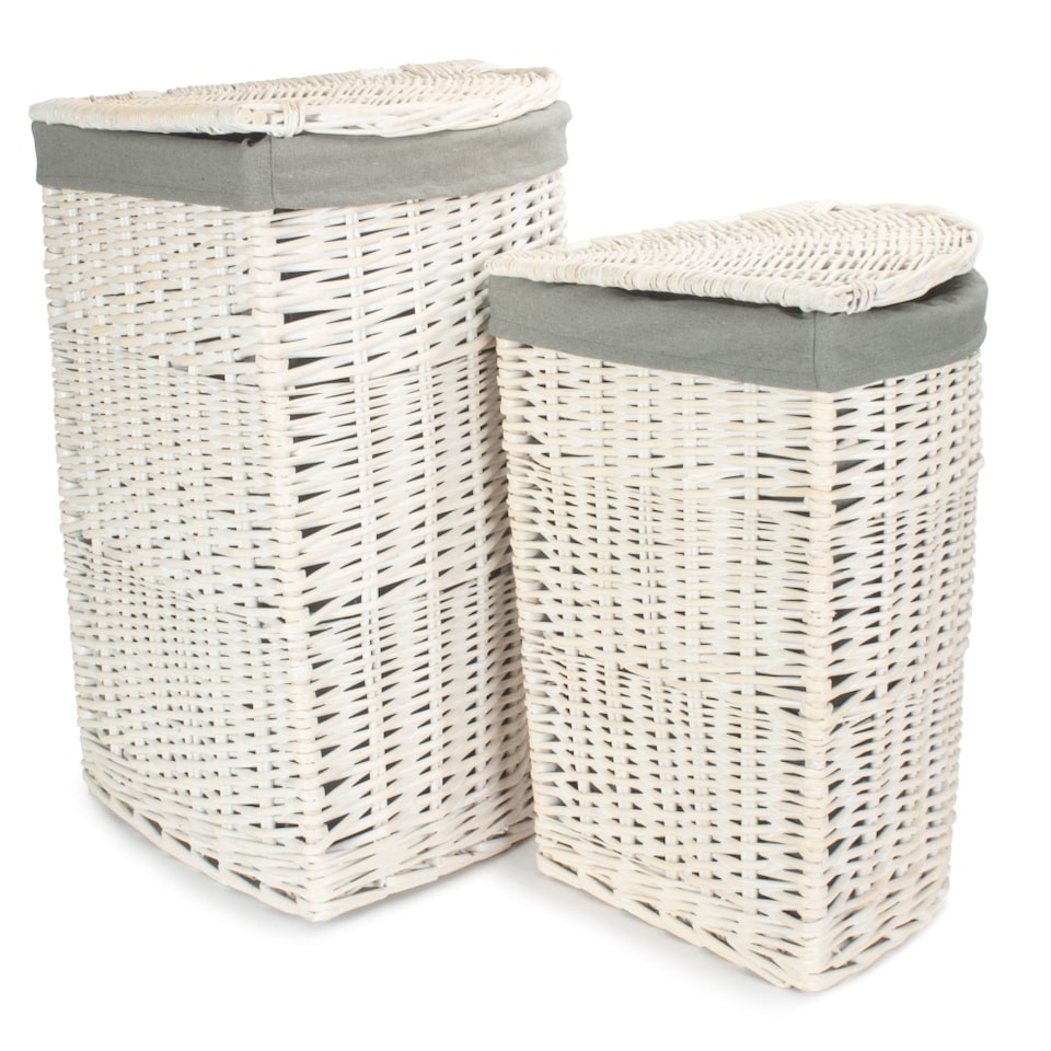 image 1 of Set of 2 Corner White Wash Laundry Hamper with Grey Sage Lining Grey | Grey