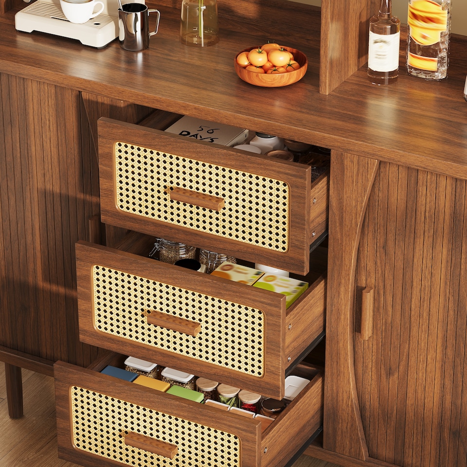 image 1 of VILUXE Tall Kitchen Storage Cabinet with Rattan-Effect Drawers and Glass Sliding Doors, 140 cm, Walnut