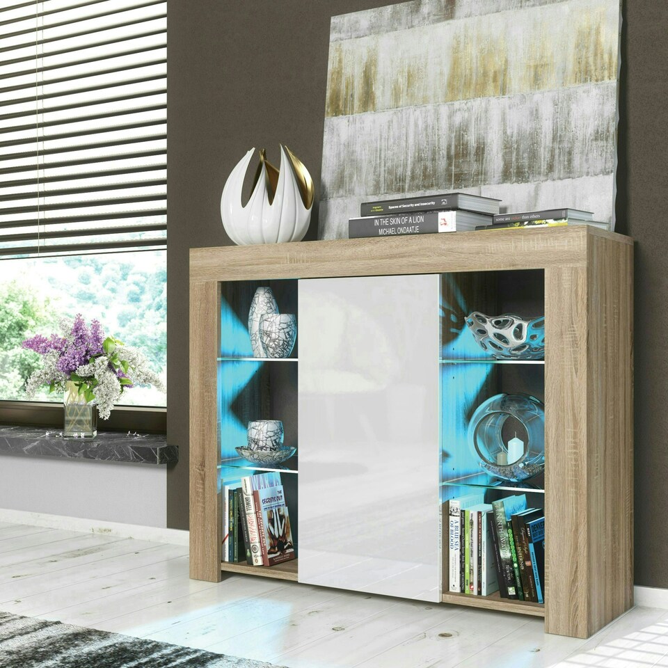 image 1 of Sideboard 97.5cm White Gloss Door Oak Matt Body Glass Shelves Free LED Multi | Oak & White