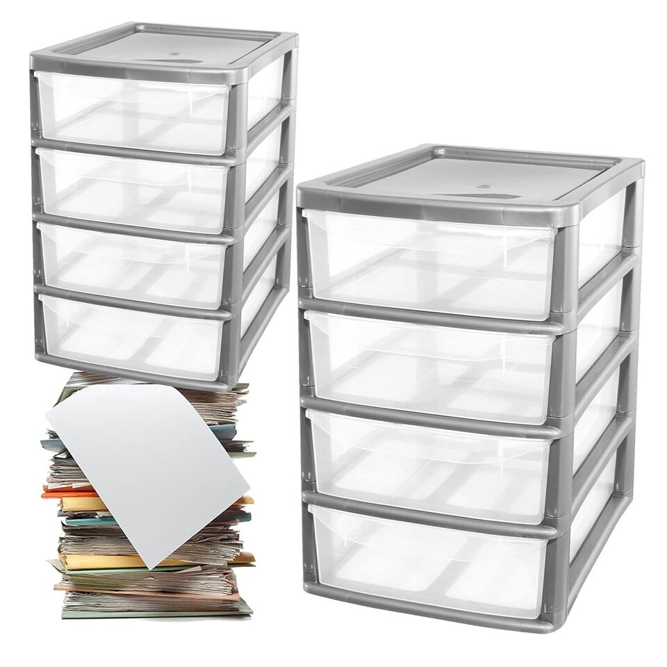 image 1 of 1 x Silver A4 Table & Desktop Compact Bedside Plastic Storage Unit With 4 Clear Drawer Silver