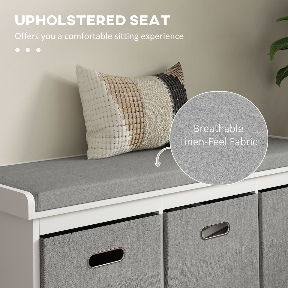 image 1 of HOMCOM Shoe Bench with 3 Fabric Baskets, Shoe Storage Bench with Seat Cushion, Shoe Cabinet for Entryway, Hallway, Living Room, Bedroom, White | White | White