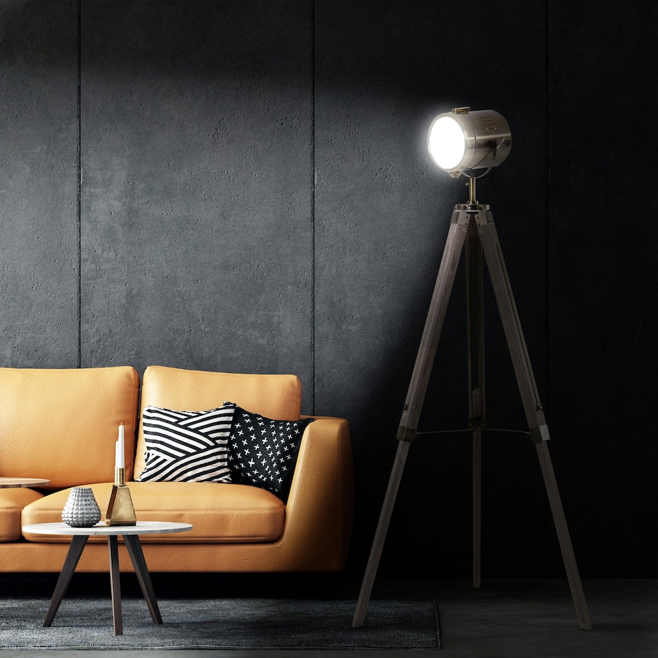 image 1 of HOMCOM Industrial Tripod Floor Lamp Wood Height Adjustable Spotlight Bronze