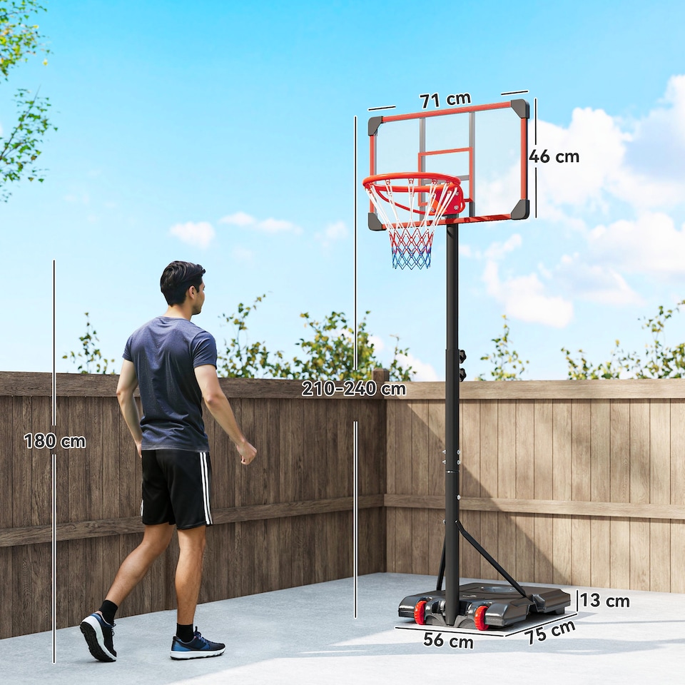 image 1 of SPORTNOW Adjustable Basketball Hoop and Stand w/ Wheels, 1.8-2.1m, Red