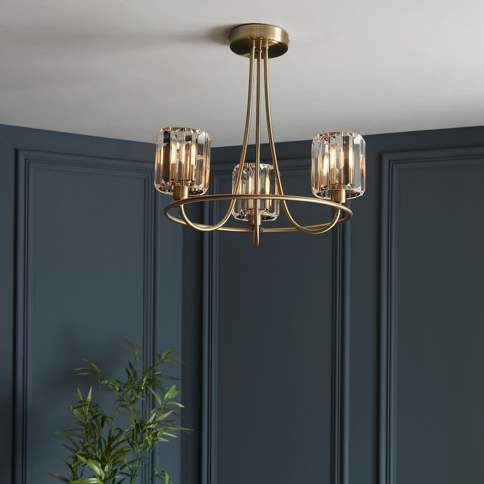 image 1 of Berenice 3 Light Multi Arm Glass Shade Semi Flush Ceiling Lamp Antique Brass