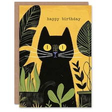 Plant Lover Cute Black Cat Pet Botanical Yellow Arty All Occasion Birthday Card