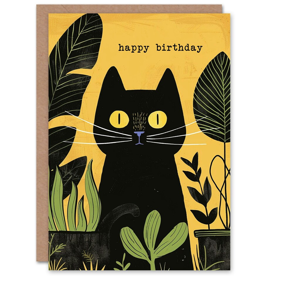 image 1 of Plant Lover Cute Black Cat Pet Botanical Yellow Arty All Occasion Birthday Card