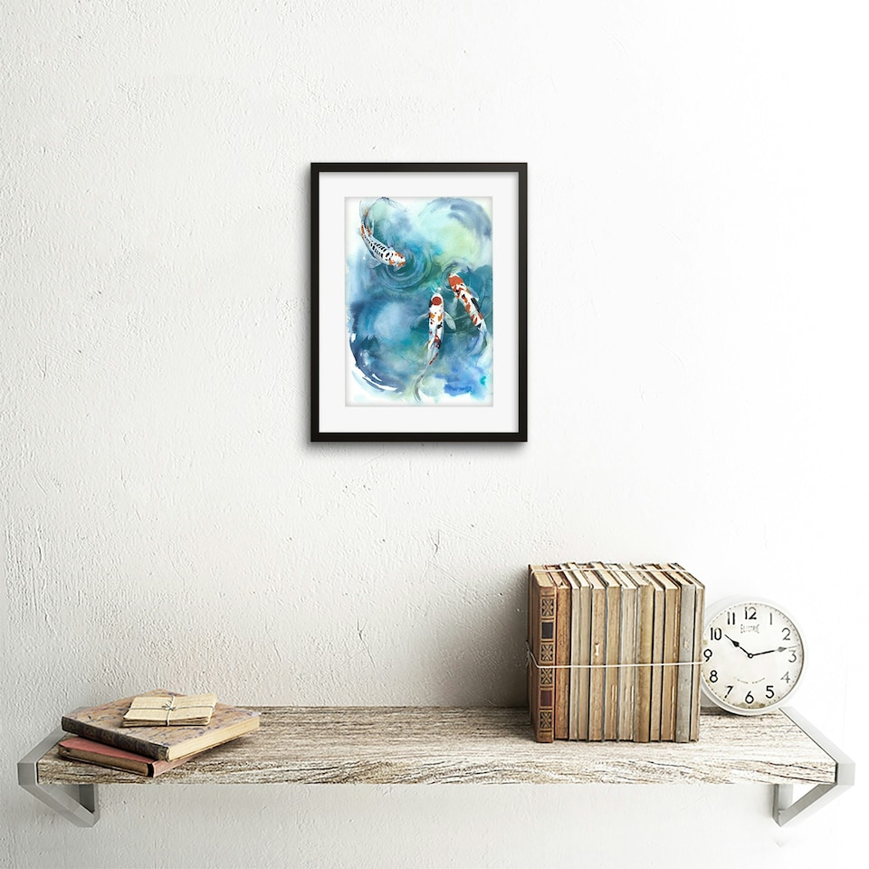 image 1 of Japanese Koi Fish Pond Ripple Watercolour 9x7" Black Framed Wall Art Print