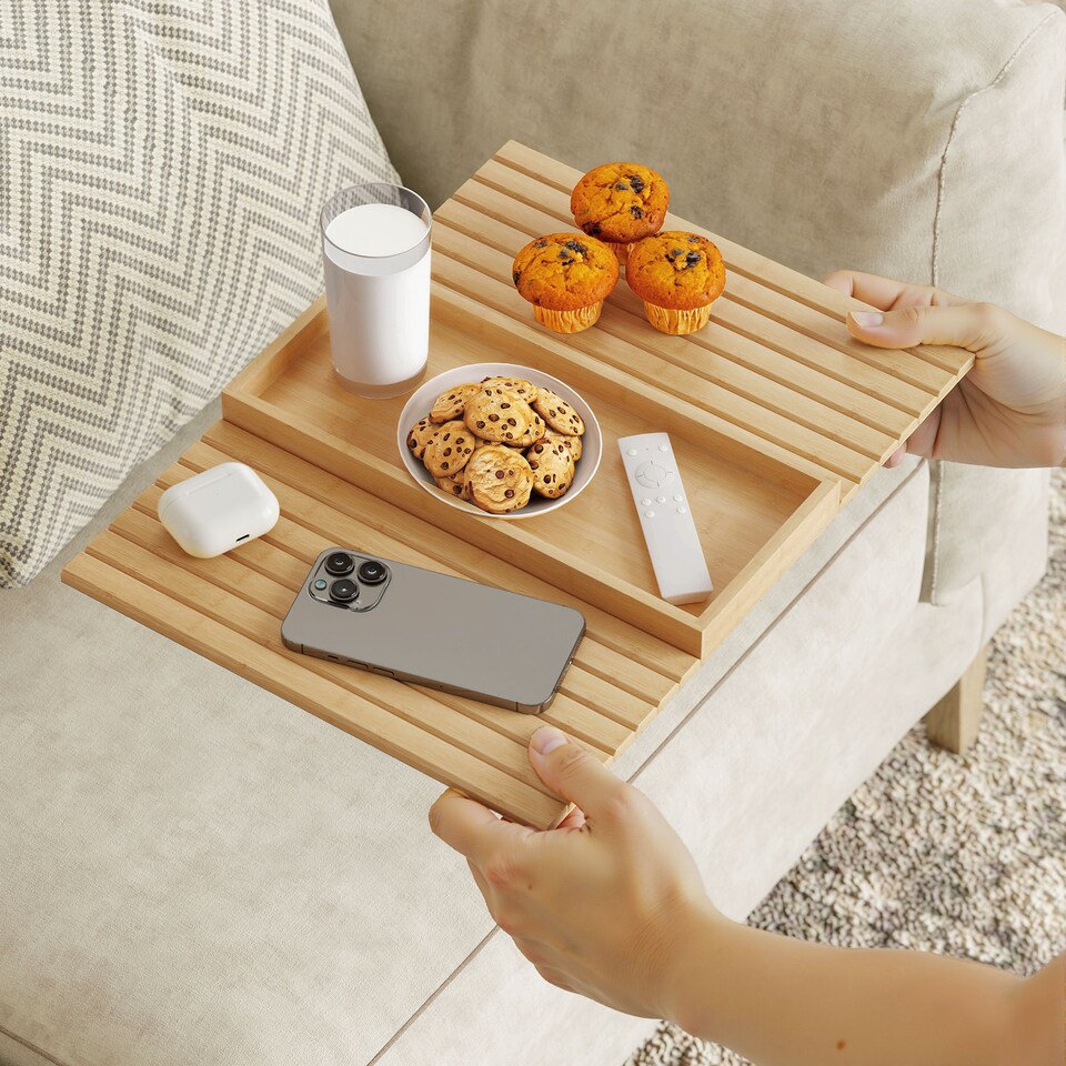 image 1 of HOMCOM Bamboo Sofa Arm Tray, Foldable Anti-Slip Armrest Tray for Drinks