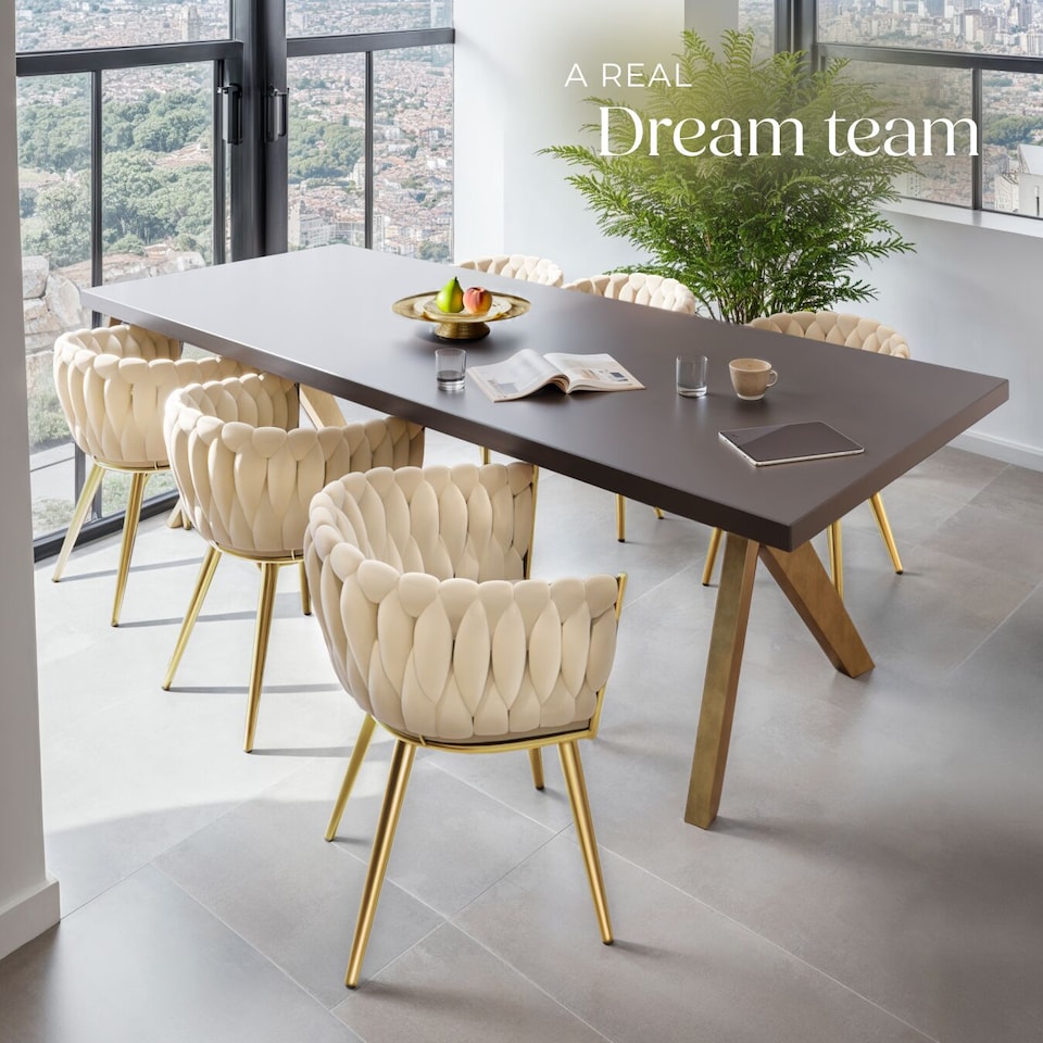 image 1 of Dining Chair Astano - padded, velvet, knot design, continuous backrest | Cream | sand-colored/gold | One Size | 6