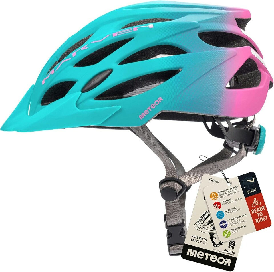 image 1 of Meteor Marven Cycle Helmet MTB Bike Skateboard Scooter Safety Gear | Blue | Mint-Pink | S