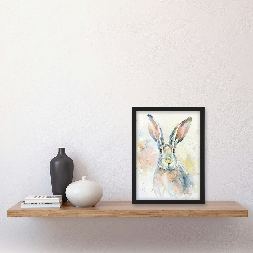image 1 of Colourful Bunny Rabbit Light Watercolour Living Room Black Framed Wall Art Print A4
