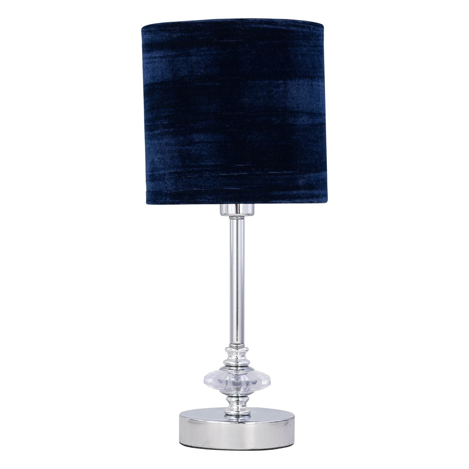 First Choice Lighting Chrome Jewelled Table Lamp with Navy Blue Crushed Velvet Shade in Silver