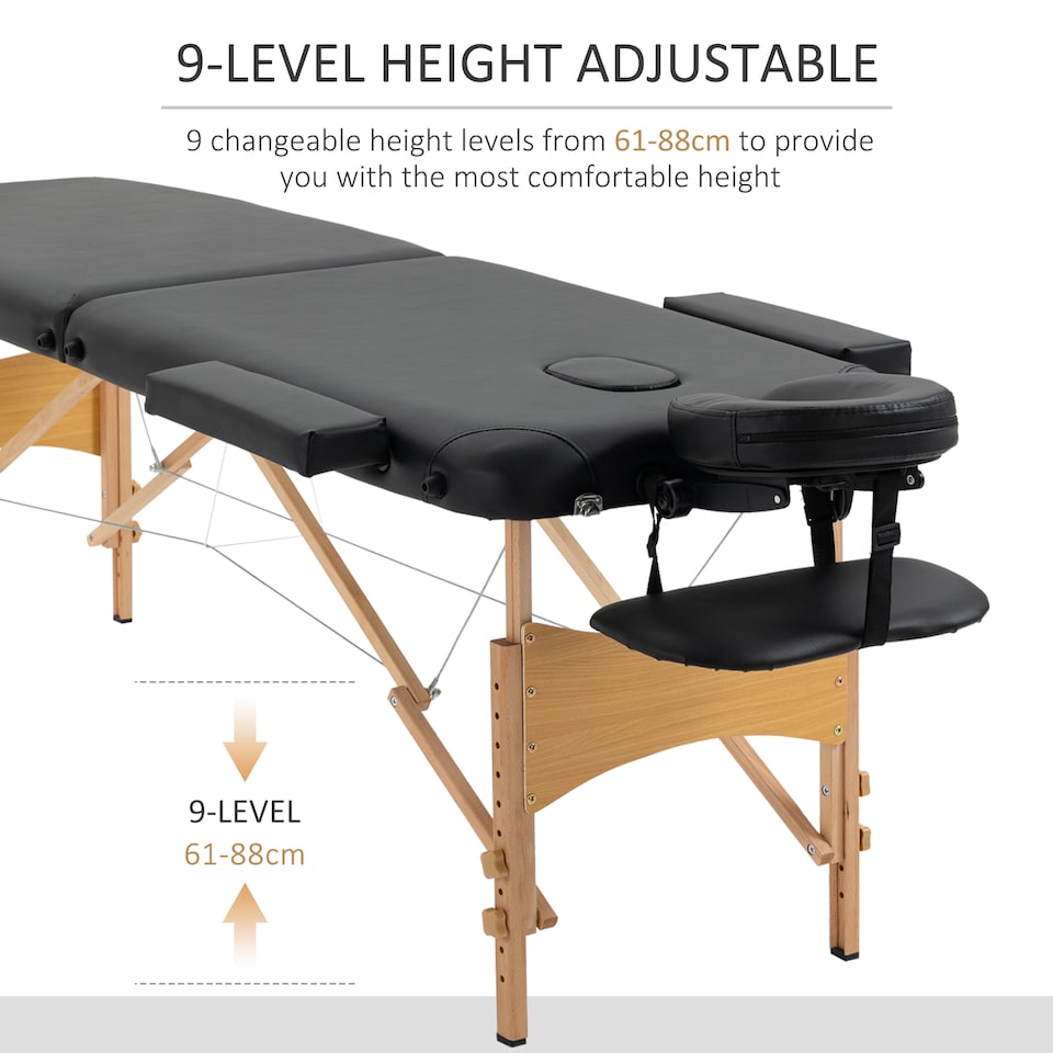 image 1 of HOMCOM Portable Massage Bed, Folding Spa Beauty Massage Table with 2 Sections, Carry Bag and Wooden Frame, Black
