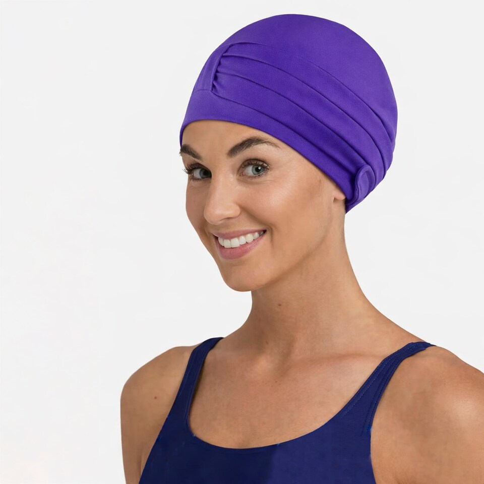image 1 of Ladies Comfortable Fabric Swimming Cap | Turban Style Lightweight Swim Cap | Purple | Purple | One Size | 1