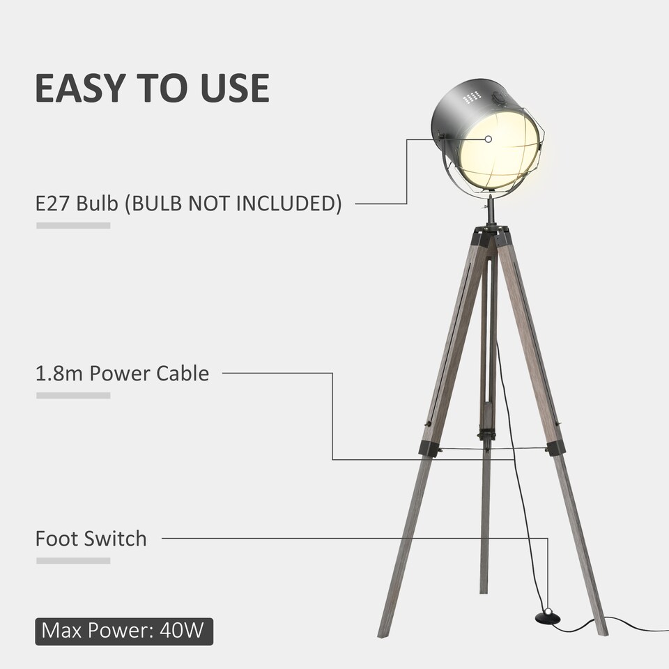 image 1 of HOMCOM Tripod Floor Lamp Height Adjustable E27 Base for Living Room Bedroom