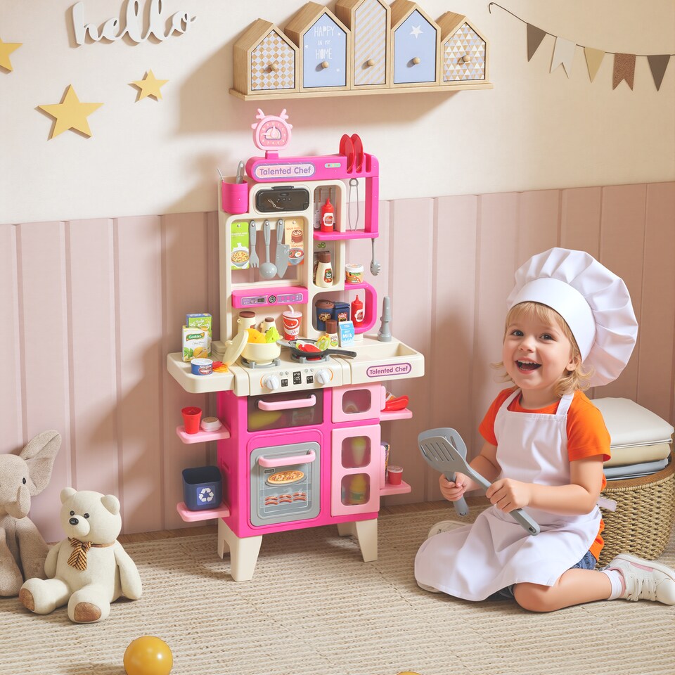 image 1 of AIYAPLAY Kids Play Kitchen Toy Kitchen Pretend Role Play Set 104PCS Accessories Including Realistic Lights & Sounds, Toy Food, Pots, Utensils, for 3-6 Years, Pink